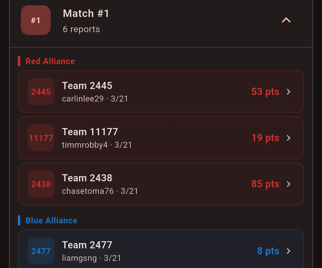 FIRST Command match reports grouped by red and blue alliance